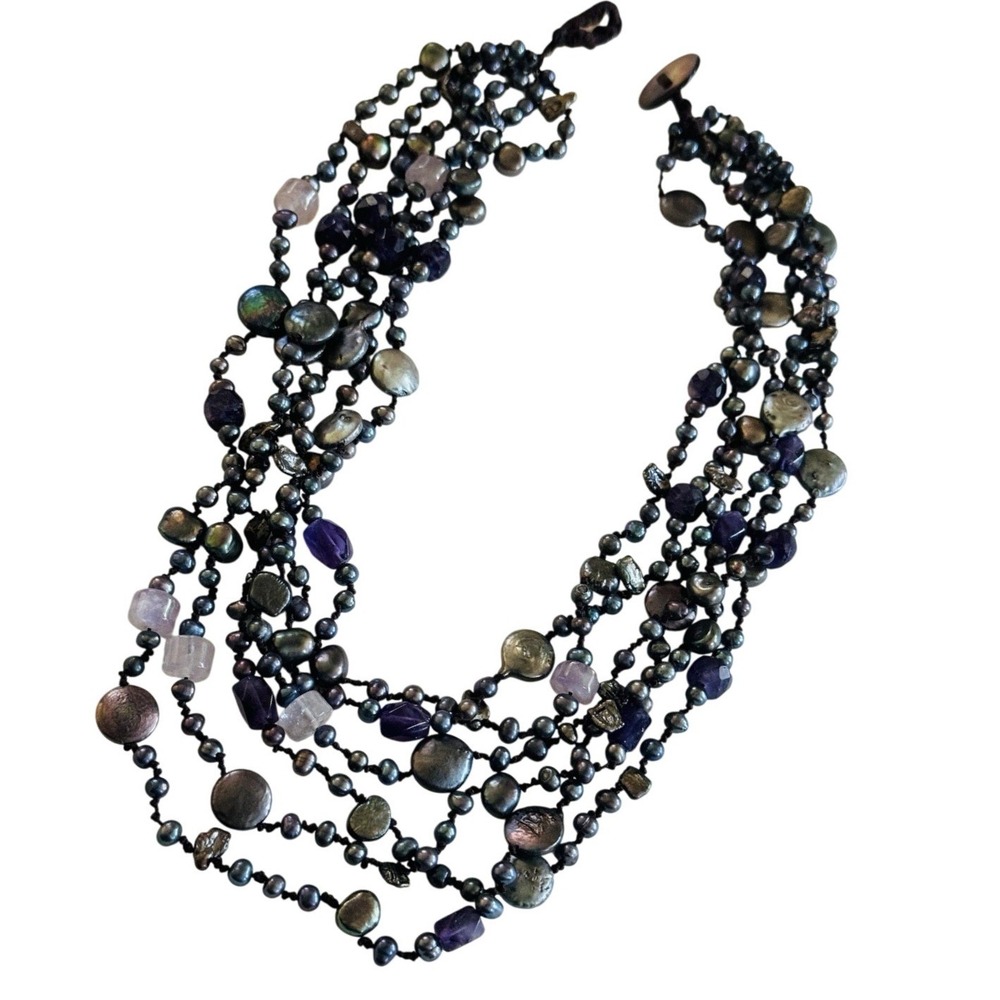 Bib Gemstone Necklace Amethyst Tahitian Pearl Beads Multi strand Real stone BOHO